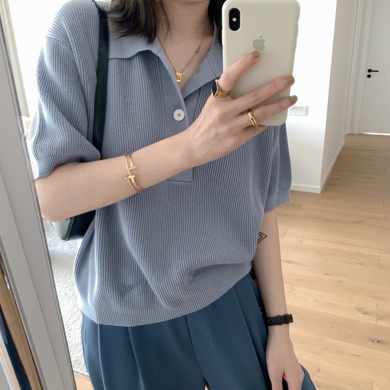 [Hana And Alice] Áo Thun polo Dệt Kim Lụa Lạnh Mỏng Nhẹ Tay Ngắn Màu Xanh Sữa Mềm Mại Phong Cách Hàn Quốc Thời Trang Mùa