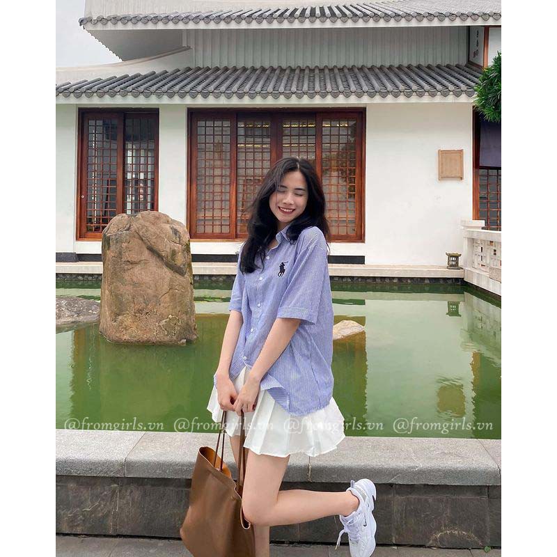 Sơ mi kẻ tay lỡ thêu ngựa có túi basic  ulzzang - SM13FG
