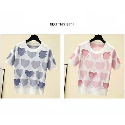 Áo nữ BH tay ngắn cổ tròn họa tiết trái tim thời trang xinh xắn cho nữ