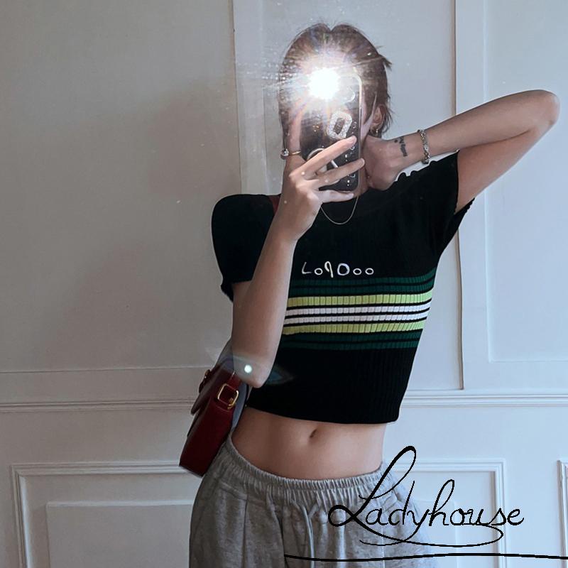 Áo Croptop Dệt Kim Tay Ngắn Cổ Tròn Họa Tiết Kẻ Sọc Thời Trang Mùa Hè Cho Nữ
