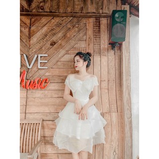Váy đầm công chúa, đầm dự tiệc trắng xòe trễ vai ba tầng hàng thiết kế cực tôn dáng