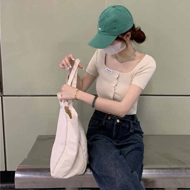 Xiaozhainv Áo sweater Croptop Cổ Vuông Kiểu Hàn Quốc Thiết Kế Quyến Rũ Cho Nữ