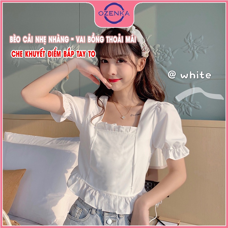 Áo croptop nữ rộng kiểu Hàn Quốc tay phồng  viền bánh bèo OZENKA chất thun gân 100% cotton  màu đen trắng dưới 50 kg