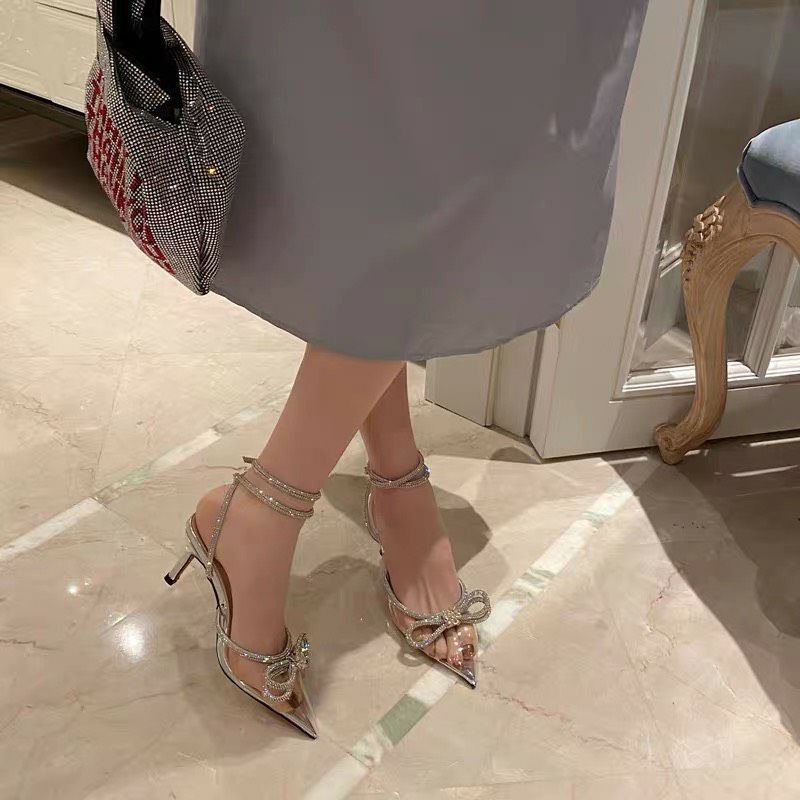 Giày cao gót lụa kết nơ đá quai đá tiểu thư cực kỳ đẹp trắng hồng đen nude mica trong 7p 9p 11p