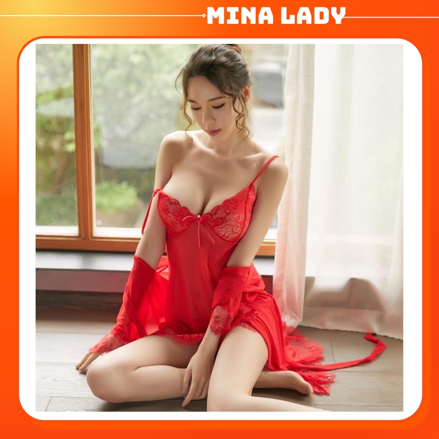 Bộ váy ngủ nữ sexy gợi cảm xuyên thấu MINALADY Đầm ngủ sexy ren voan kèm áo choàng thắt dây Freesize MNCT1083