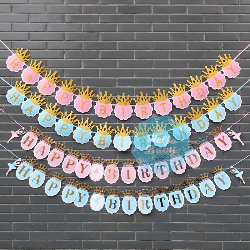 Dây chữ sinh nhật happy birthday hình vuơng miện kim tuyến lấp lánh màu pastel xanh hồng