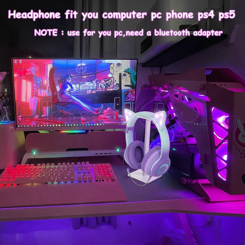 Tai Nghe Chụp Tai Bluetooth Không Dây Hình Tai Mèo Màu Hồng Có Mic Điều Khiển Ánh Sáng RGB Cho Điện Thoại / Máy Tính