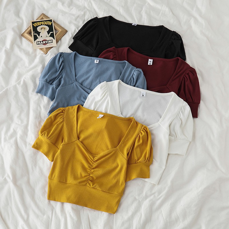 Xiaozhainv Áo thun cổ chữ V tay ngắn màu trơn phong cách Hàn Quốc xinh xắn cho nữ | BigBuy360 - bigbuy360.vn