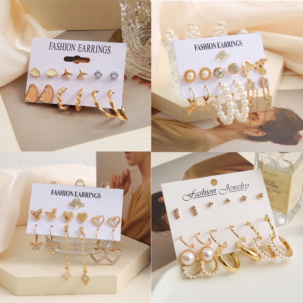 10Pcs/Set Diamond Earrings Set Metal Cloud Pearl Women Gold Earing Fashion Jewelry Accessories