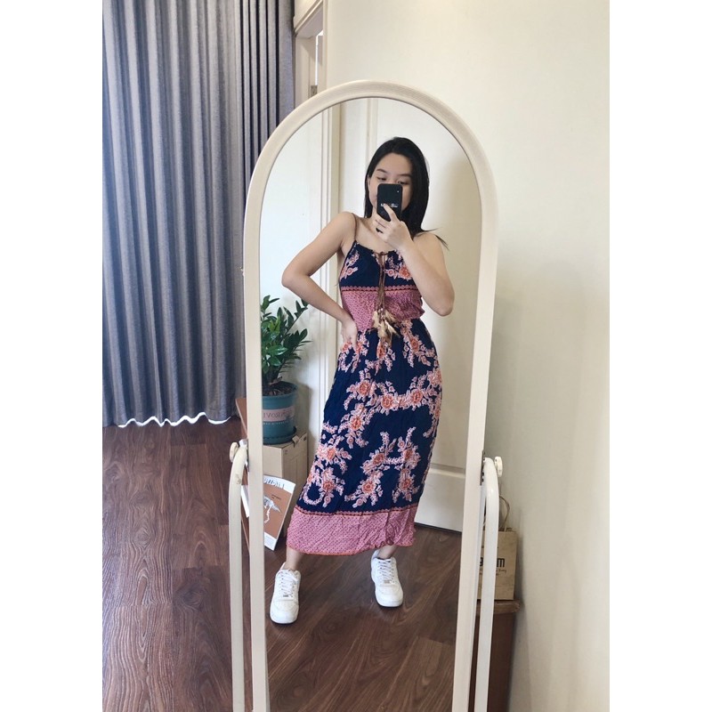 Váy đầm midi maxi hai dây vải lanh thoáng mát hoạ tiết thổ cẩm - Hàng made in Việt Nam VNXK