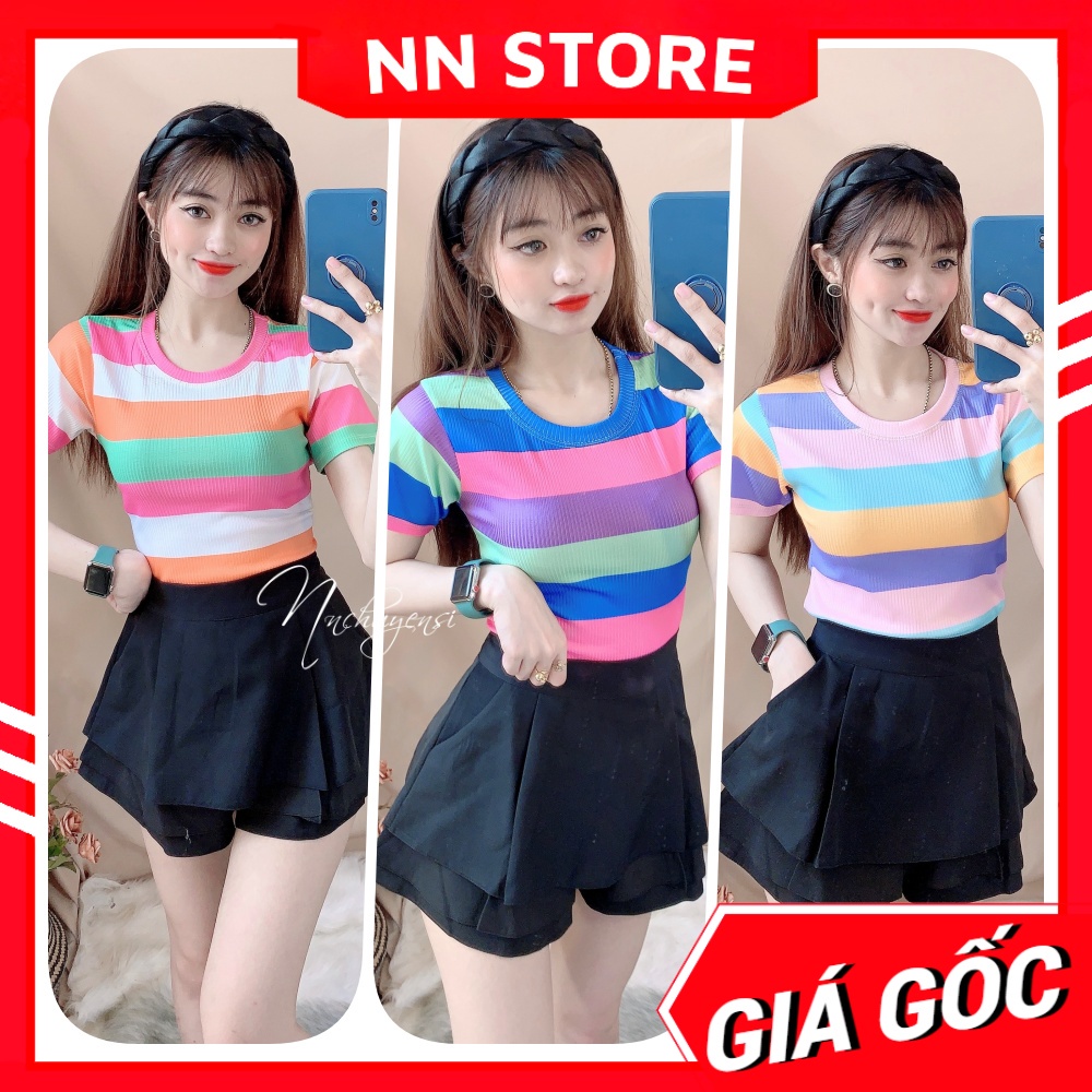 Áo thun gân body nữ chất thun mềm mịn co giãn lên phom siêu ôm dáng phối sọc màu dễ thương AK1258