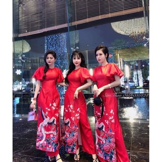 áo dài cách tân gấm đỏ tay bồng hoạ tiết chim hạc TL175