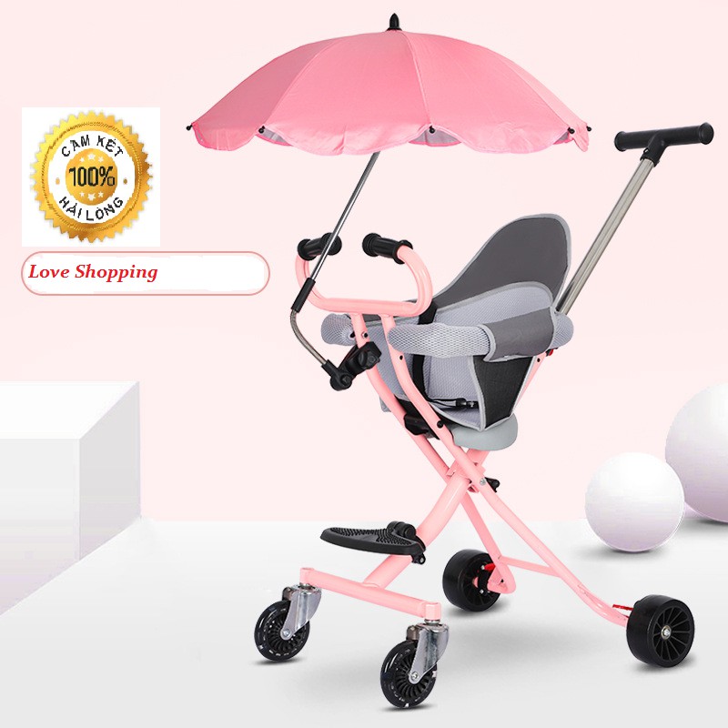 Xe Đẩy Gấp Gọn Cho,Bé Có Đệm , Dây Đai An Toàn 4 Bánh Gấp Gọn Thoáng Lưng Cho Bé