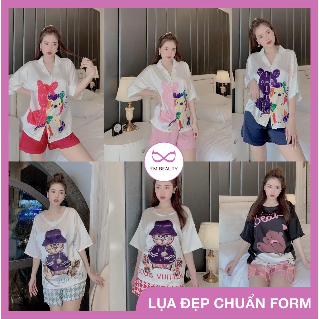 Bộ ngủ lụa mặc nhà pyjama nữ lụa latin cao cấp loại 1 áo cộc cánh dơi quần đùi freesize 45-60kg