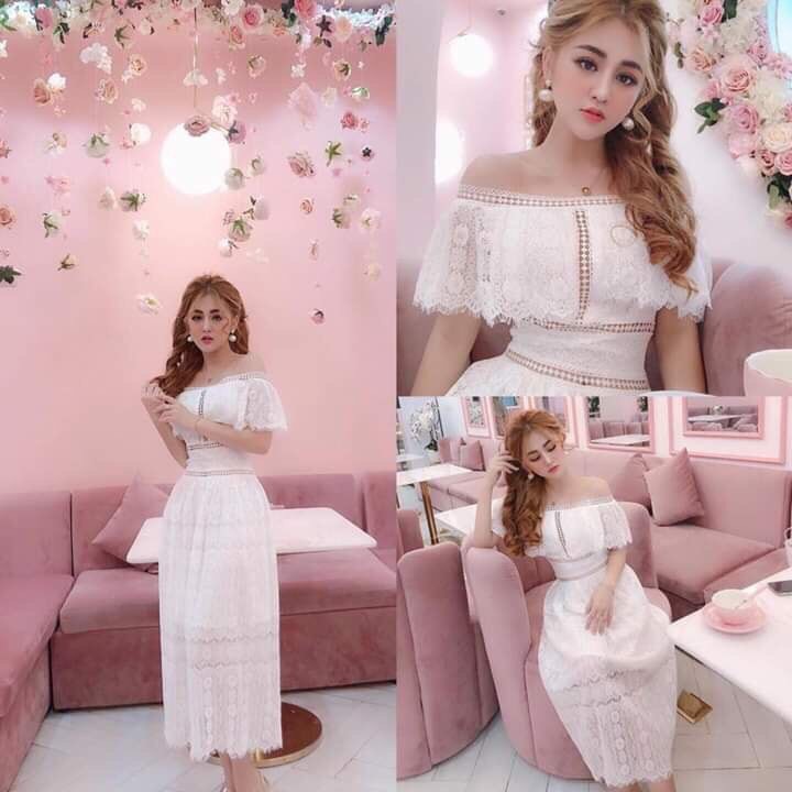 Đầm ren bẹt vai, váy ren trễ vai màu trắng size S, M, L rất xinh, ren nhập hàn chuẩn( 593 C00 CH ) EH | BigBuy360 - bigbuy360.vn