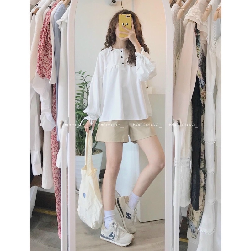 [Ảnh thật/video] Set áo sơmi babydoll bánh bèo và quần sooc nâu dày dặn/ Áo sơ mi nơ tay