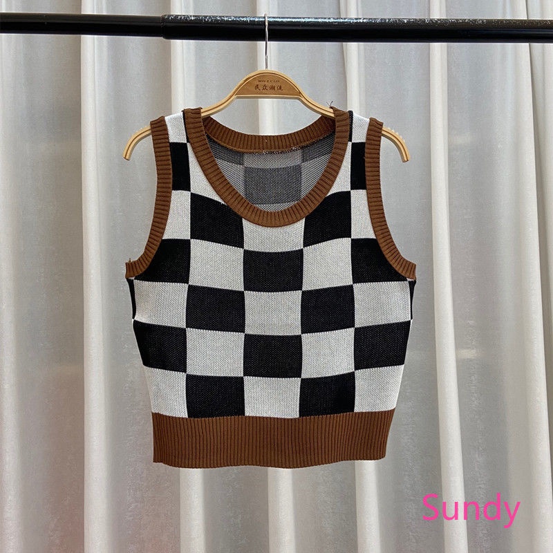 Áo Hai Dây Dệt Kim Họa Tiết Sọc Caro Thời Trang Mùa Hè Cho Nữ