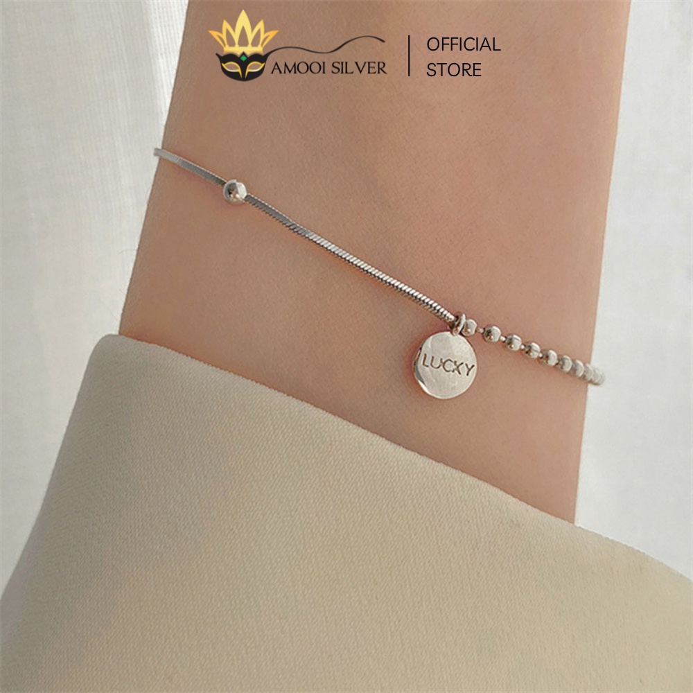 Lắc Tay Bạc S925 2 Loại Dây Bi Và Dây Charm Tròn Khắc Chữ Lucky - Amooi Silver AT53
