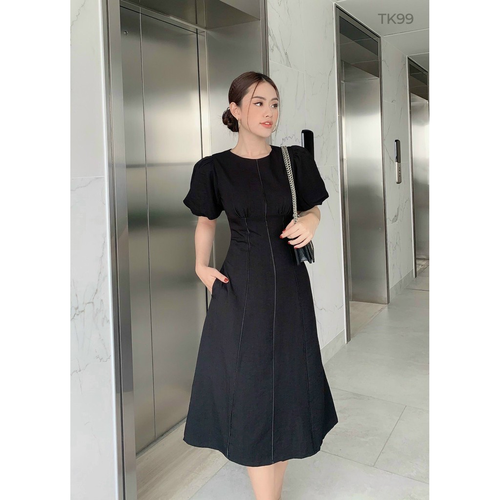 Đầm Midi Tay Phồng Phối Viền, Váy Đầm Công Sở Tay Phồng Thanh Lịch Zenna [Ảnh + Video thật] | BigBuy360 - bigbuy360.vn