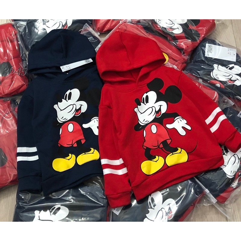Set 2 áo nỉ mũ Mickey cho bé, áo nỉ da cá có mũ 2 màu, combo 2 áo nỉ chân cua Mickey