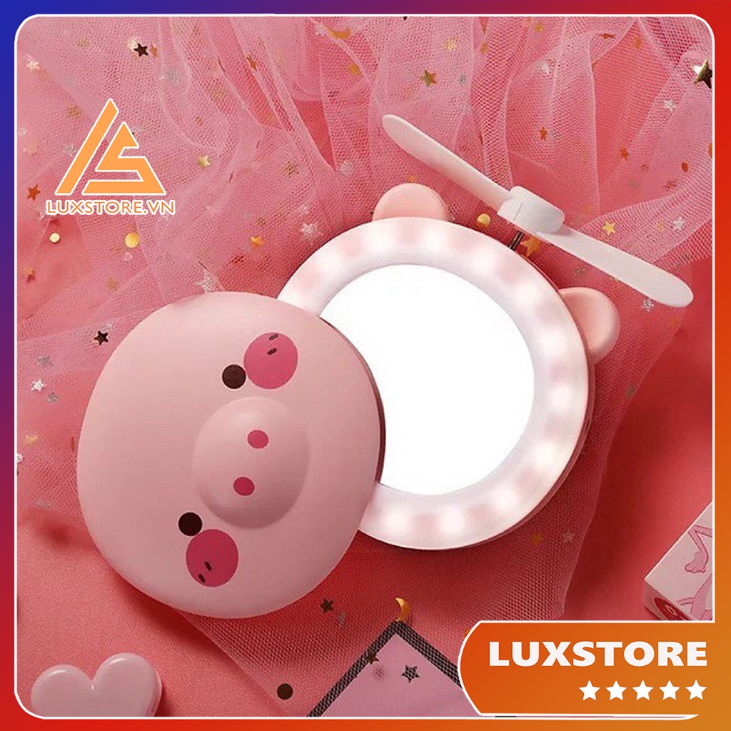 QUẠT MINI HEO HỒNG KIÊM GƯƠNG ĐÈN LED SIÊU XINH – LUXSTORE