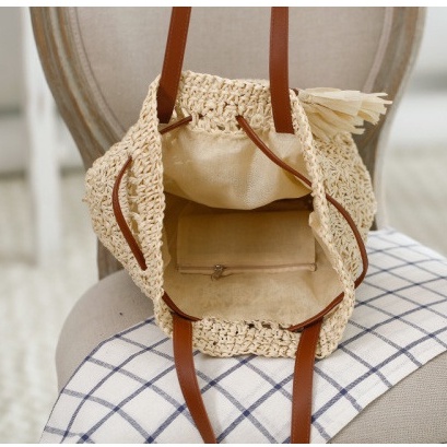 Túi cói Bucket đeo vai - dây rút tua rua - đan hoa văn vỏ sò - phong cách Vintage