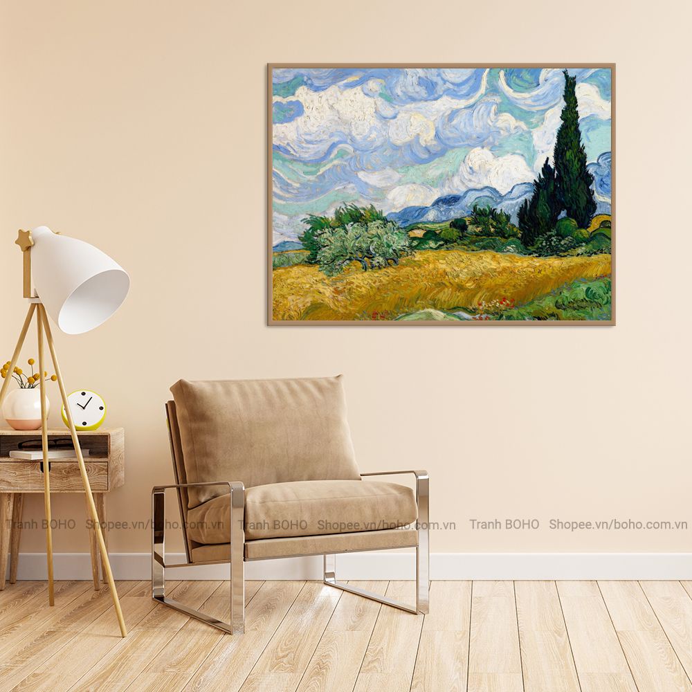 Tranh Wheat Field with Cypresses "Van Gogh" - Tranh Canvas Decor treo tường - Tặng đinh 3 chân treo tranh, BH 12 tháng