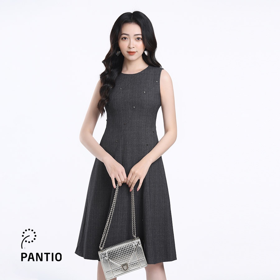 Đầm dạo phố chất liệu thô mềm đính khuy chéo không tay dáng xòe FDP12510 - PANTIO