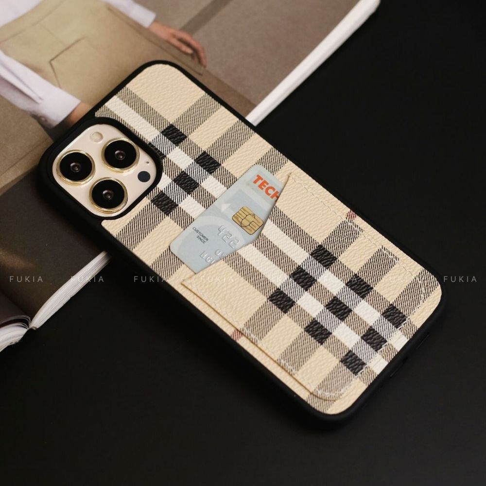 Ốp da thủ công viền đen khe thẻ hoạ tiết kẻ sọc cho IPhone 14/14Plus/14Pro/14Promax/13/13Pro/13Promax/12Promax ODTC133