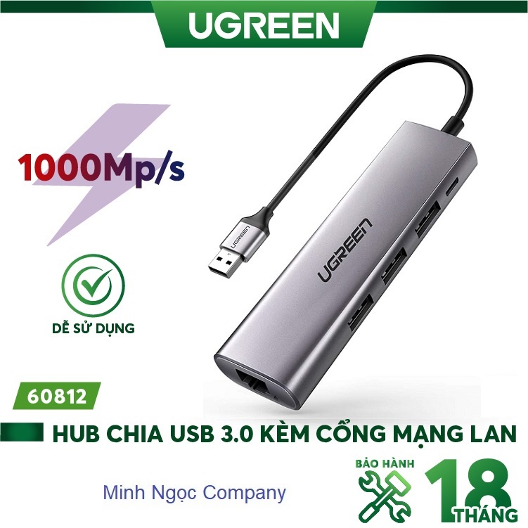 Bộ chuyển USB 3.0 sang LAN 1Gbps + 3 cổng USB 3.0 chính hãng UGREEN 60812 cao cấp - Hàng phân phối chính hãng