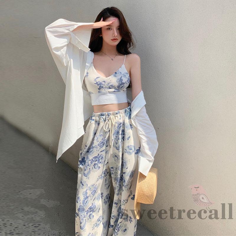 Set áo hai dây cổ chữ v + quần dài lưng thun họa tiết hoa thời trang cho nữ