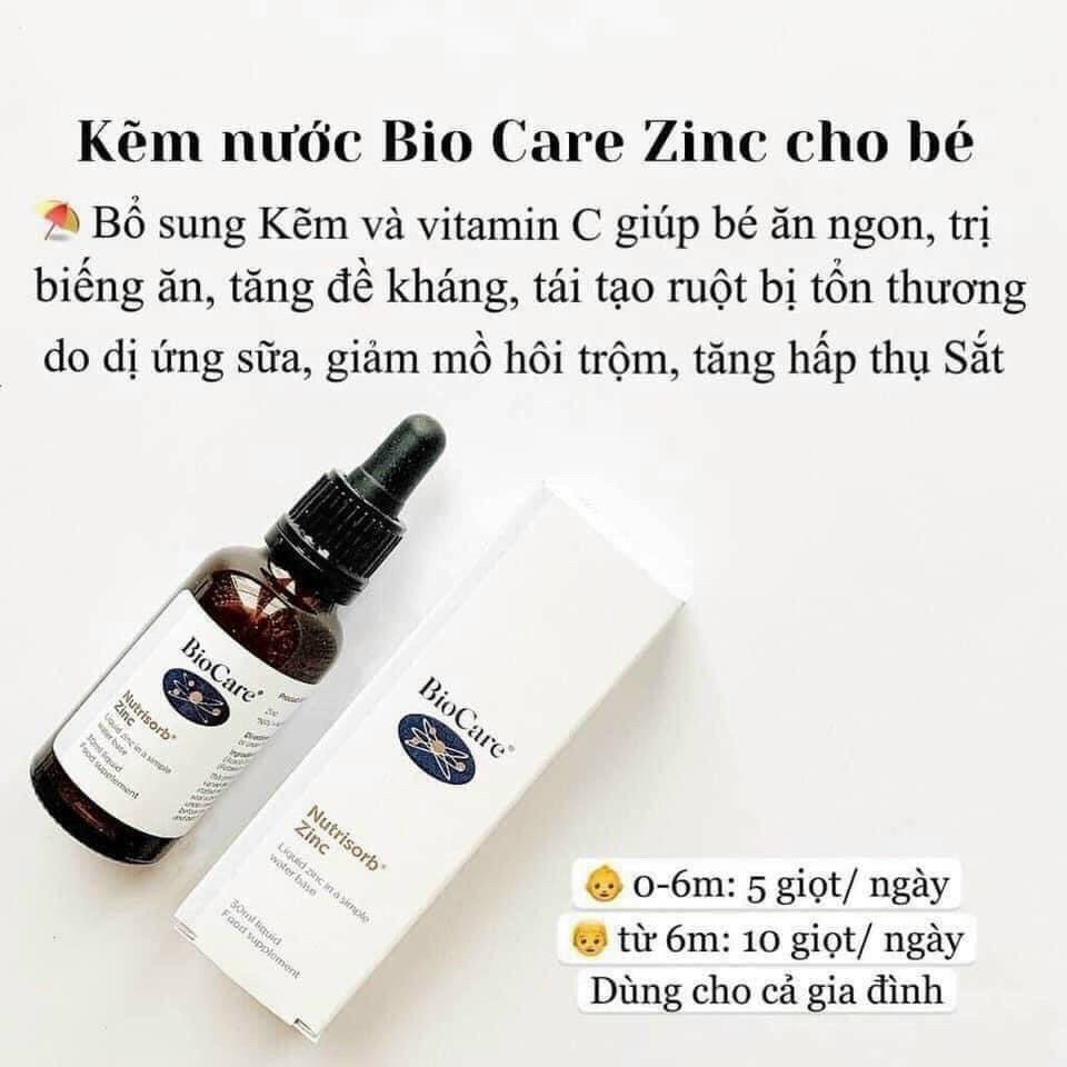 Kẽm nước BioCare Nutrisorb ZinC, Anh (30ml dạng giọt) tăng cường đề kháng cho trẻ sơ sinh từ 1 tháng tuổi