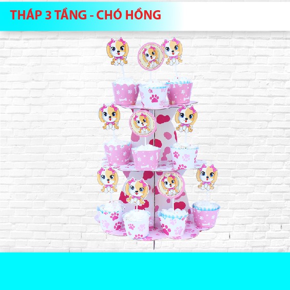 THÁP 3 TẦNG ĐỂ BÁNH CUPCAKE CHÓ HỒNG