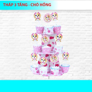 Tháp 3 tầng để bánh cupcake chó hồng