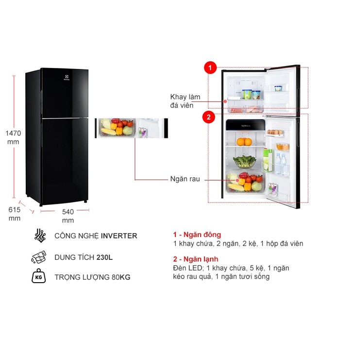 [Mã ELHA10 giảm 6% đơn 5TR] Tủ lạnh Electrolux Inverter 230 lít ETB2502J-H