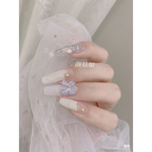 NAILBOX charm nơ xanh kim tuyến thiết kế theo số đo