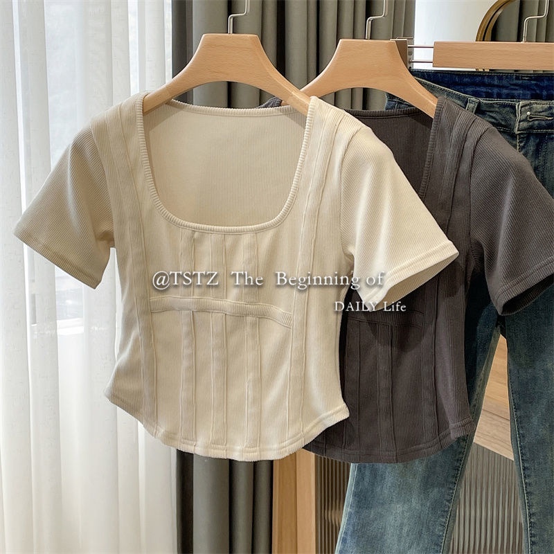 Áo Thun Tay Ngắn Cổ Vuông Thời Trang Xuân Hè Phong Cách Hàn Quốc Dành Cho Nữ