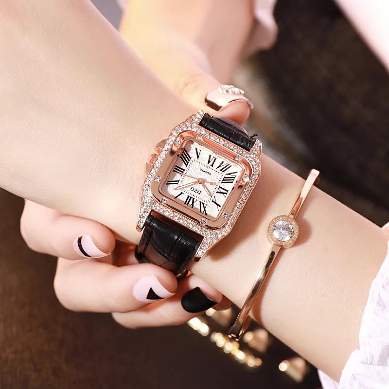 Đồng Hồ Nữ Thời Trang DZG Mặt Vuông Dây Da Đính Đá Sang Trọng | BigBuy360 - bigbuy360.vn