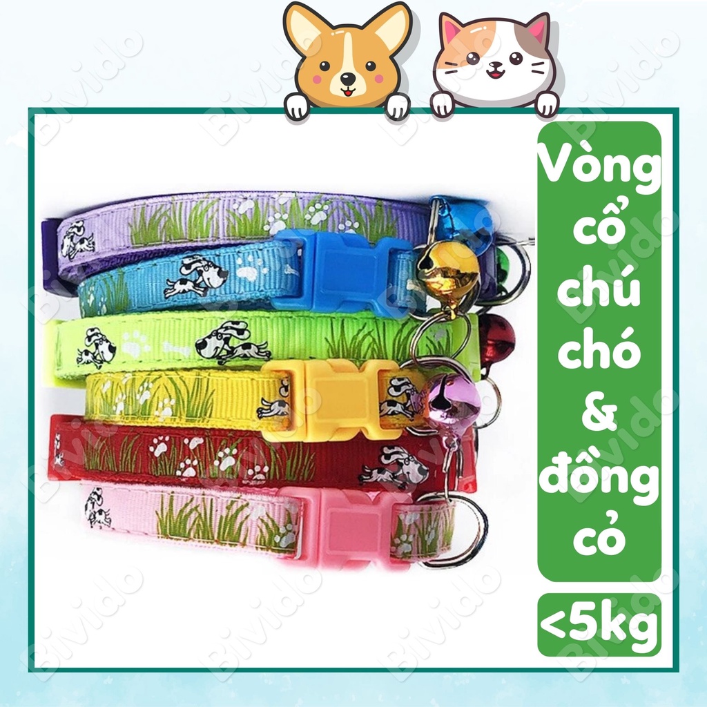Vòng cổ chó mèo thú cưng 1cm họa tiết cún và đồng cỏ đủ màu &lt;5kg - Bivido