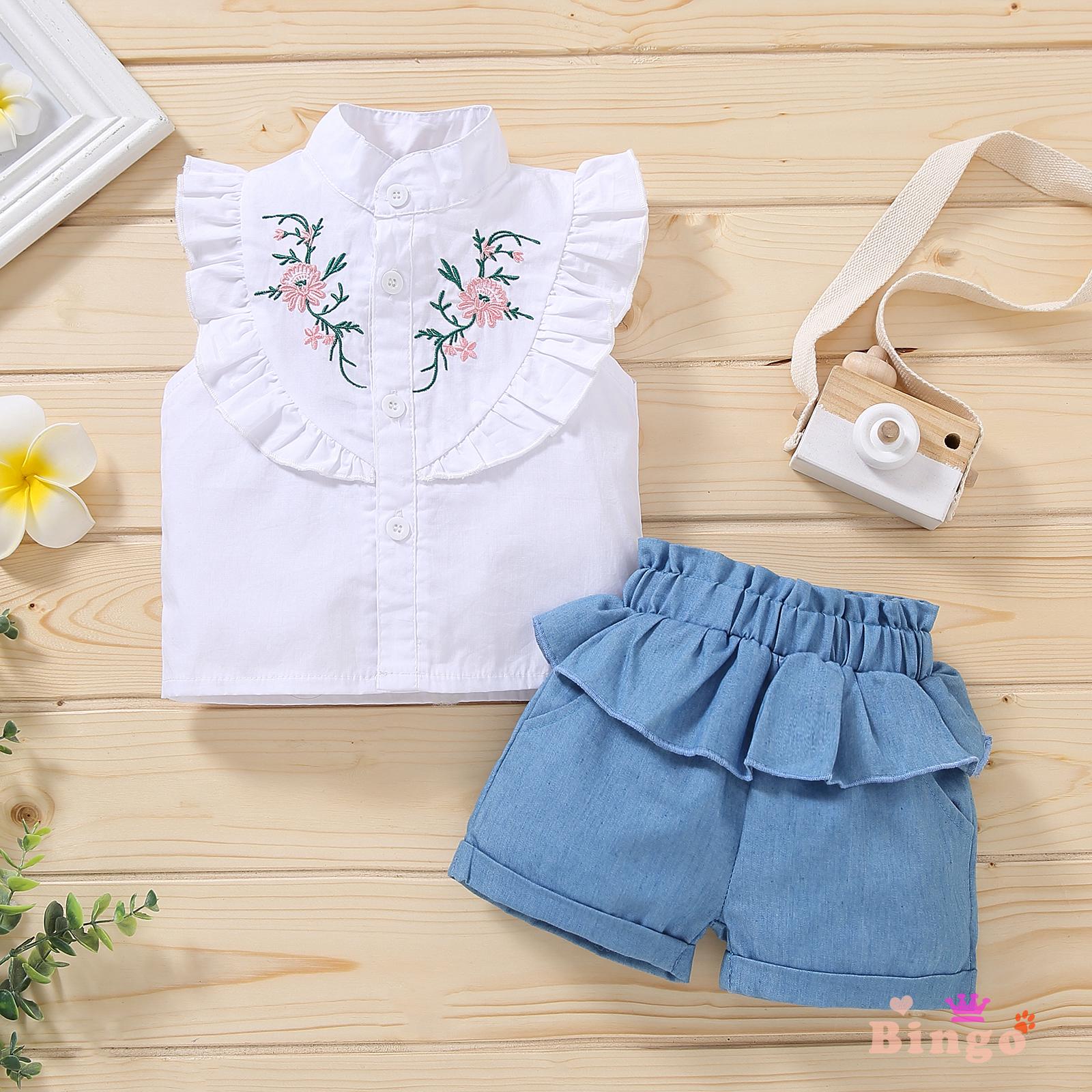 Set Áo Sơ Mi Thêu Hoa + Quần Short Jeans Đáng Yêu Cho Bé Gái