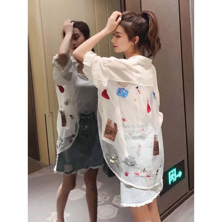 Áo Sơ Mi Tay Dài Chống Nắng Phối Lưới Thêu Họa Tiết Thời Trang Cho Nữ