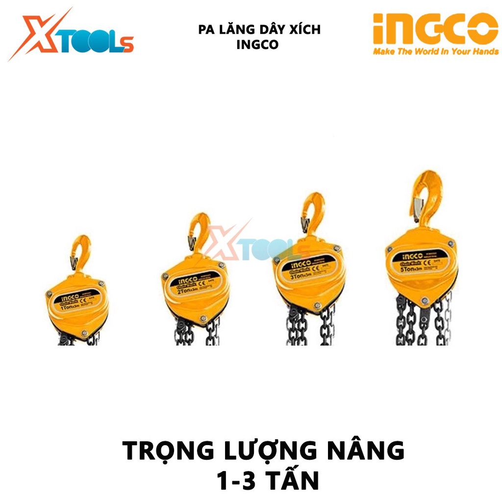 Pa lăng 1 dây xích INGCO HCBK0201 Bá lăng xích Trọng lượng nâng 1-3 tấn Độ cao nâng 3m khoảng cách từ đỉnh móc đến móc t