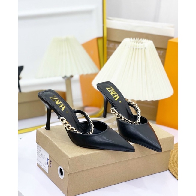 giày sục cao gót nhọn 7cm zara quai ngang xích mũi nhọn (fullbox + tem mác loại 1)
