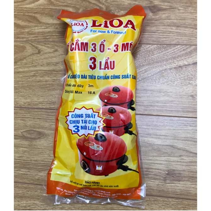 LIOA - Ổ Cắm 3 Ổ Công Suất Cao 16A chịu cùng lúc 3 Nồi Lẩu, dây dài 3 mét, hàng chất lượng cao, BH 12 tháng