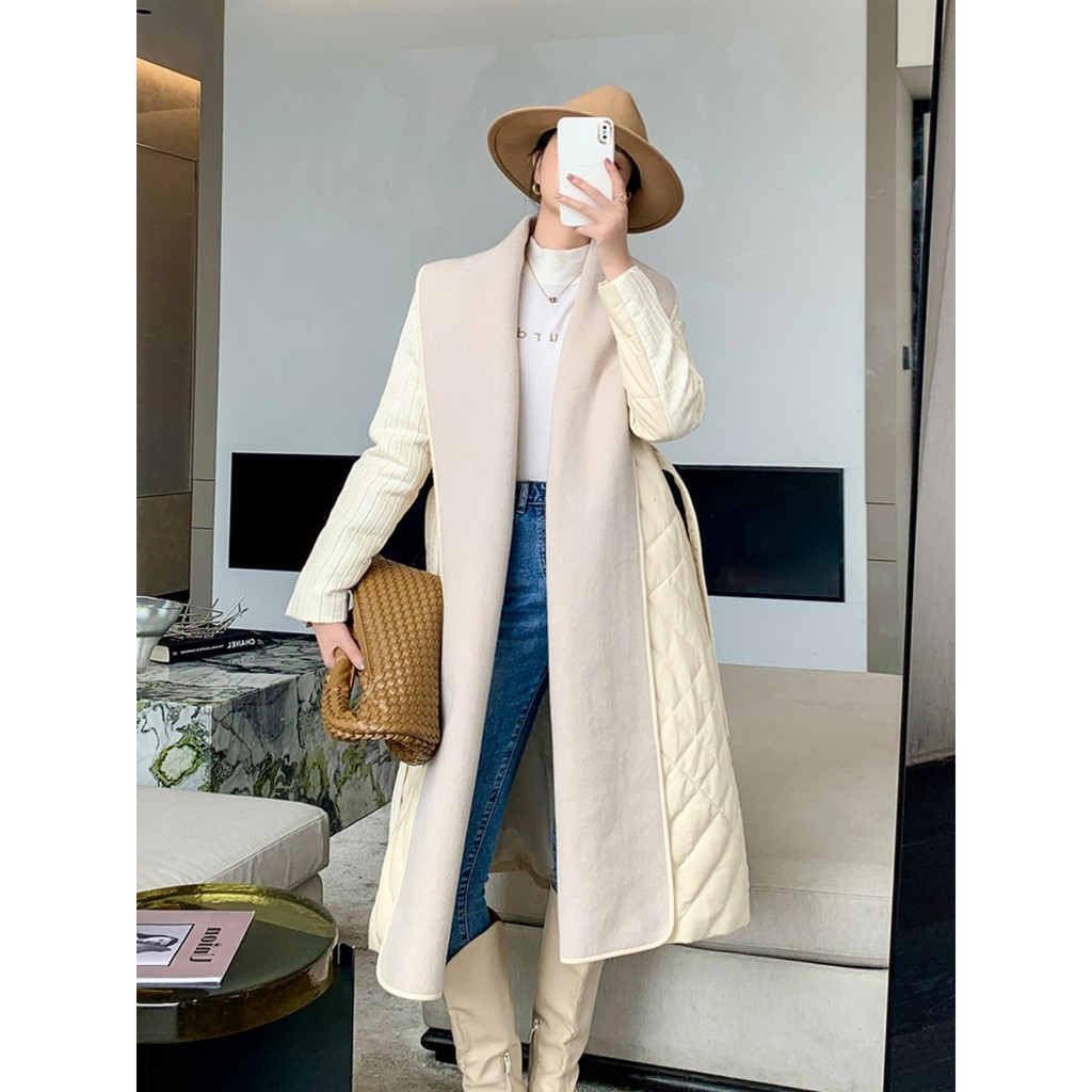 Áo khoác da trần lông vũ dáng trung bản cổ lớn cao cấp thời trang sang chảnh phong cách châu âu sành điệu hàng QC KCC987