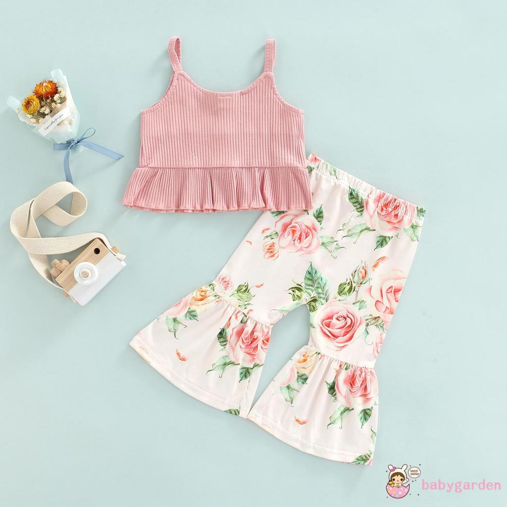 Set Đồ 2 Món Gồm Áo Không Tay Màu Trơn Dệt Kim In Họa Tiết Hoa + Quần Cho Bé Gái Từ 6 Tháng Tuổi