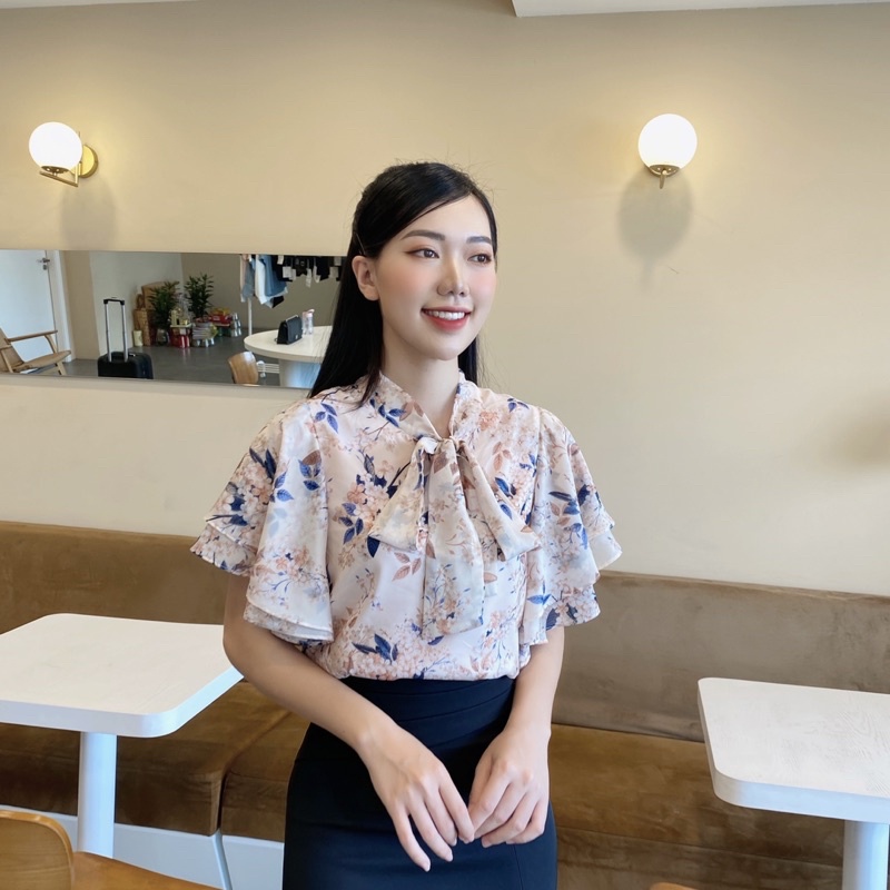 Áo sơ mi cánh rơi voan hoa mềm mịn, sơ mi công sở