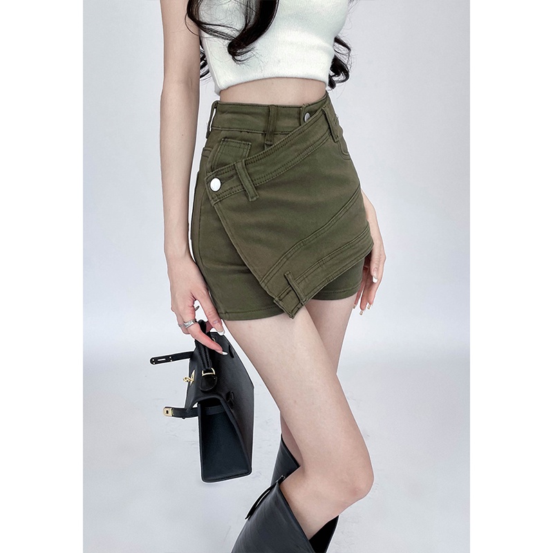 Quần Short Denim Chữ A Lưng Cao Màu Xanh Quân Đội Thời Trang Cho Nữ