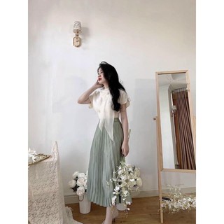 Set áo sm viền bèo mix chân váy midi dập li