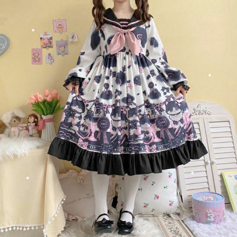 Đầm Lolita Hoạ Tiết Mèo Bò Sữa